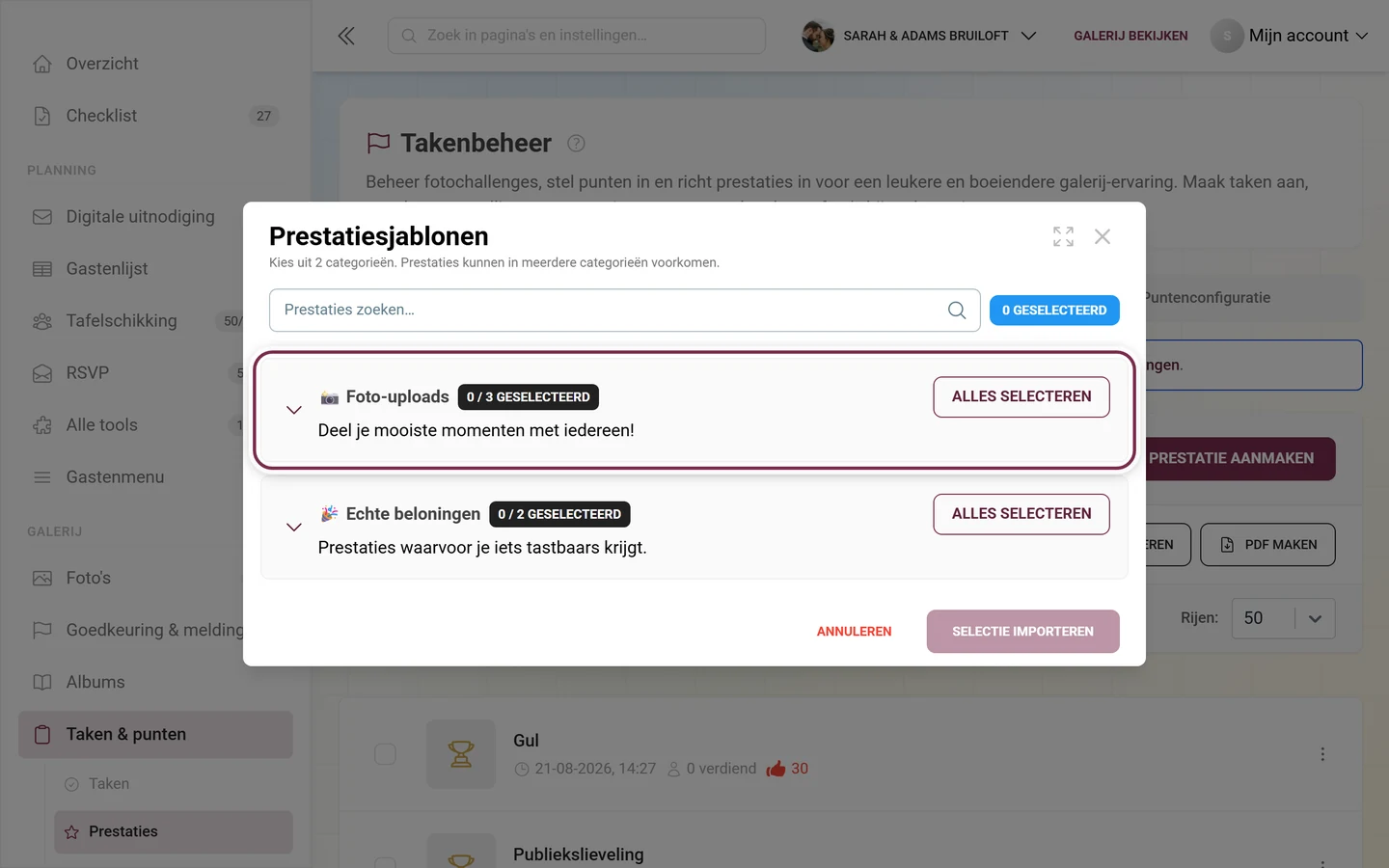 Venster Prestatiesjablonen met de eerste categorieregel rood gemarkeerd