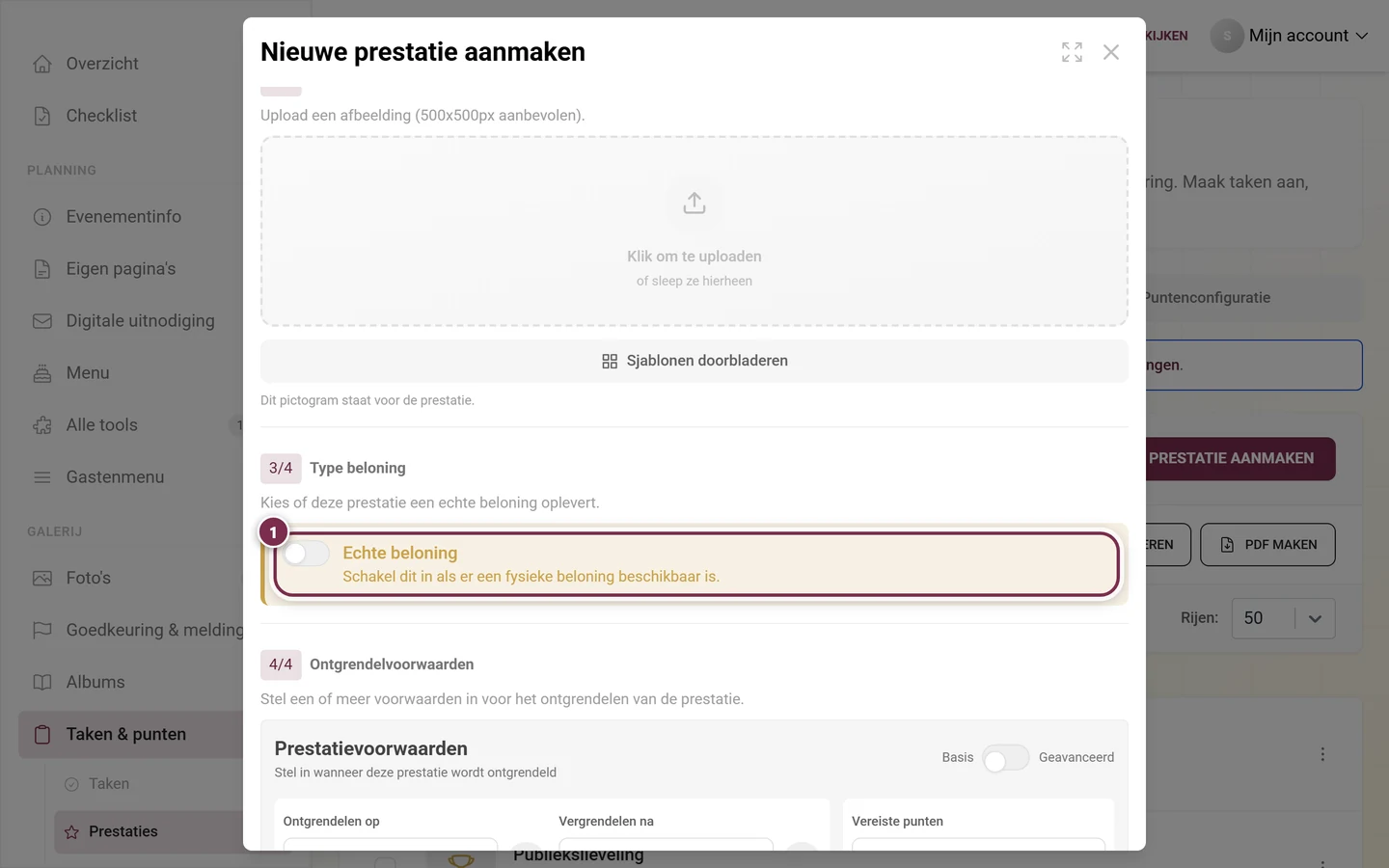 Onderdeel Type beloning in de editor met de nog uitgeschakelde schakelaar Echte beloning rood gemarkeerd
