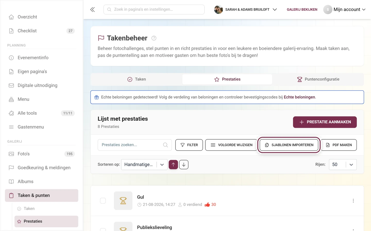 Werkbalk van het prestatiebeheer met de knop Sjablonen importeren rood gemarkeerd