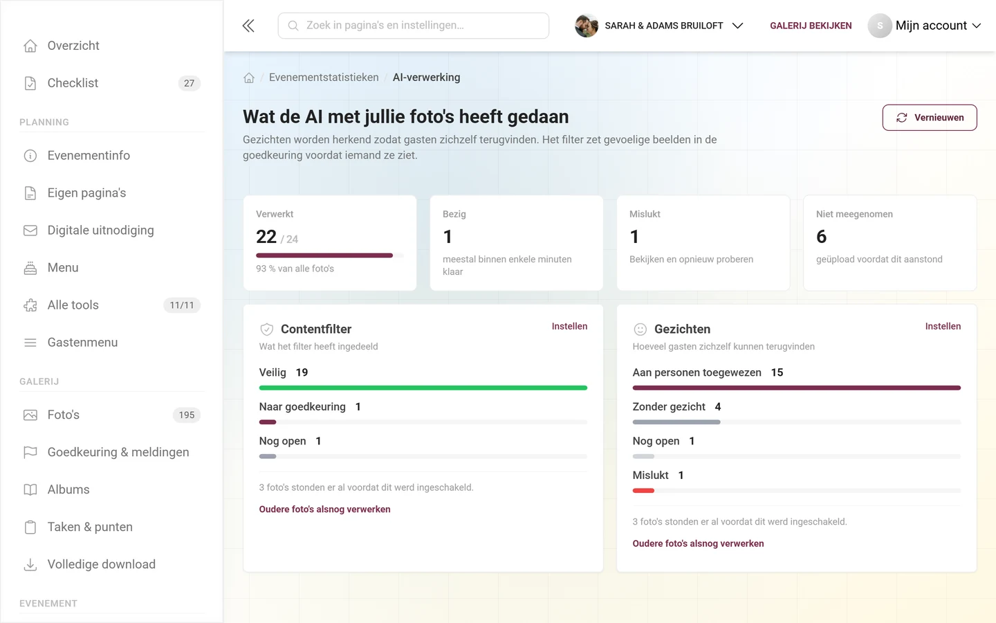 De kaarten Contentfilter en Gezichten met hun balken, daarboven de vier statistiektegels