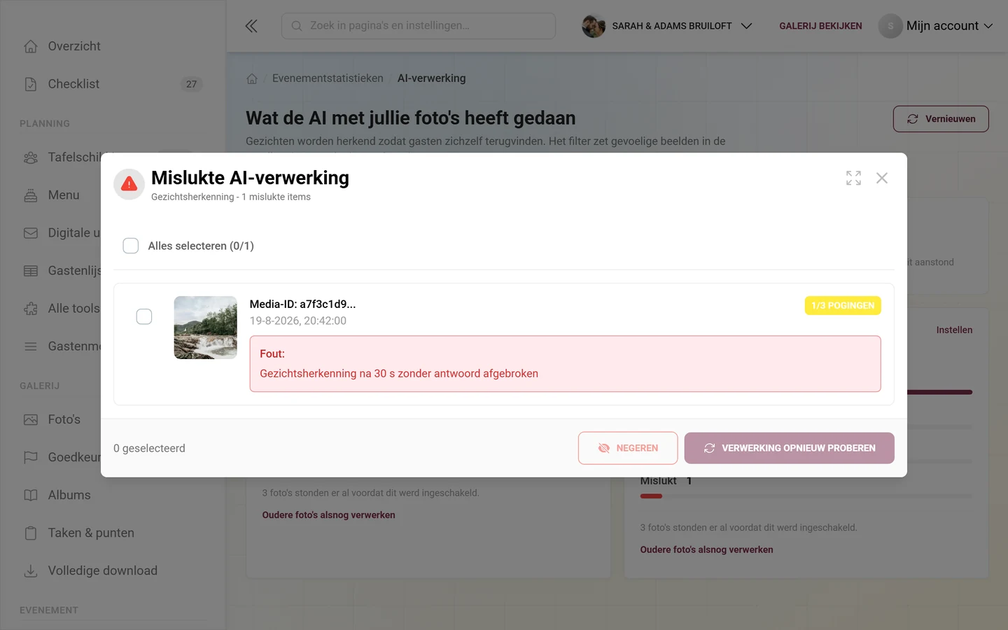 Dialoog Mislukte AI-verwerking met één item inclusief voorbeeldafbeelding, pogingen-chip en rood foutvak