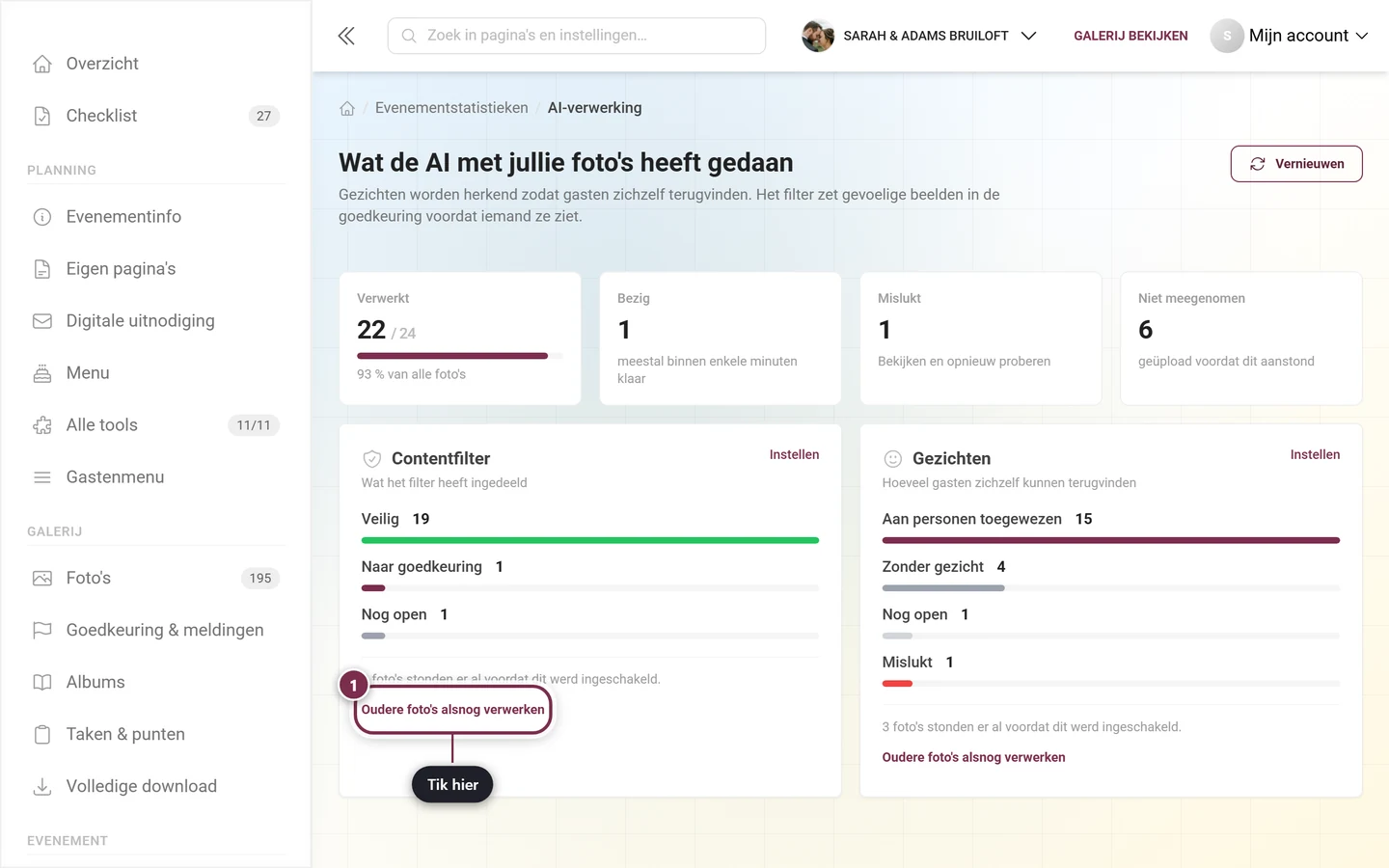 Functiekaart van de AI-verwerking met gemarkeerde knop Oudere foto's alsnog verwerken