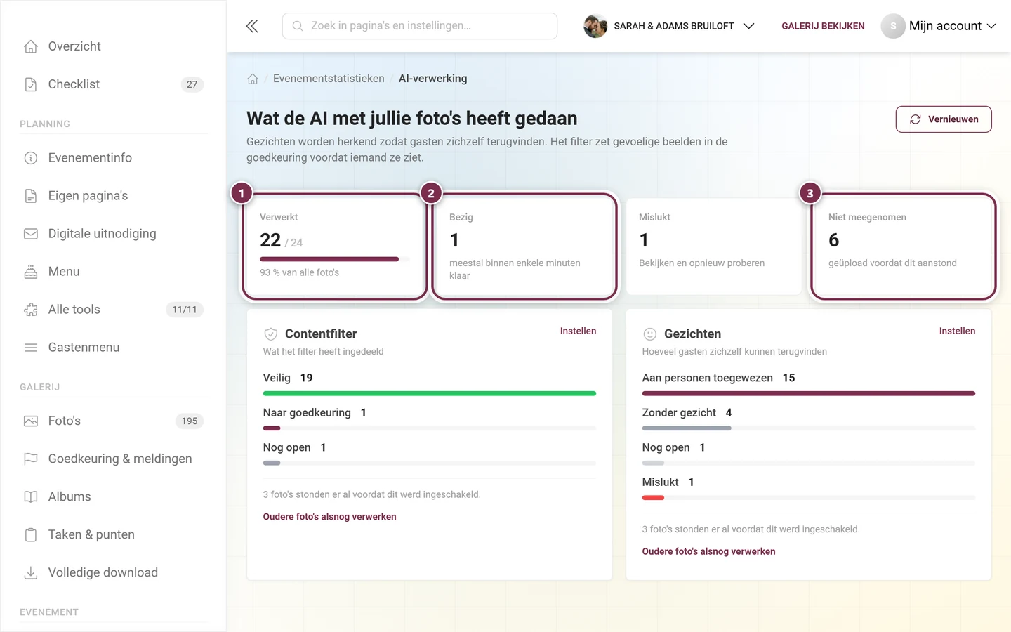 Tegelrij van de AI-verwerking met de gemarkeerde tegels Verwerkt, Bezig en Niet meegenomen