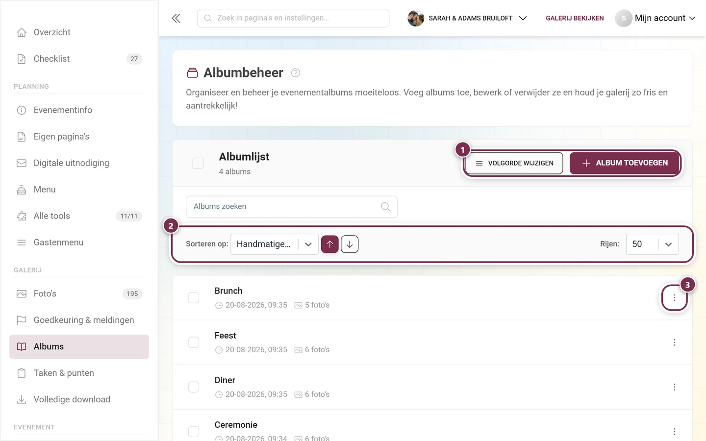 Albumbeheer met lijst van albums en knop om aan te maken