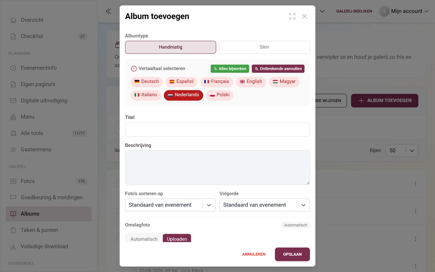 Dialoogvenster om een album aan te maken met albumtype, titel, beschrijving, fotosortering en omslagafbeelding