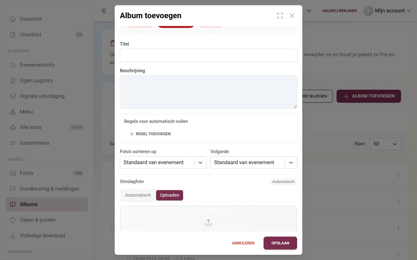 Albumdialoogvenster met het blok Regels voor automatisch vullen en de knop Regel toevoegen