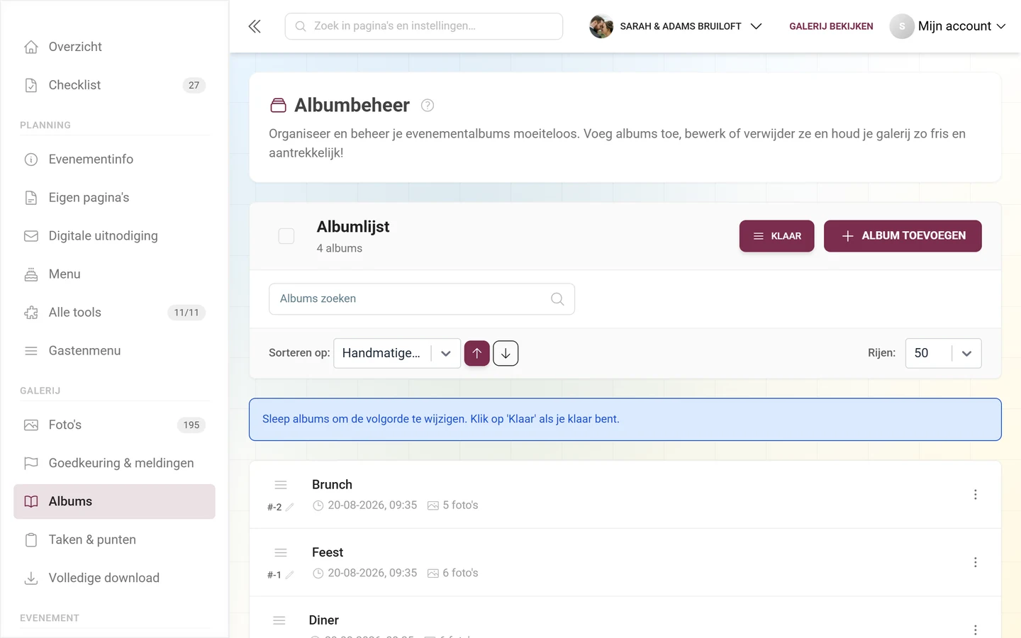 Albumbeheer in sorteermodus met aanwijzing voor slepen en neerzetten en de knop Klaar