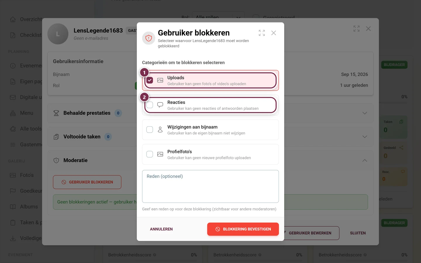Dialoog blokkeringscategorieën selecteren met de gemarkeerde kaarten Uploads en Reacties