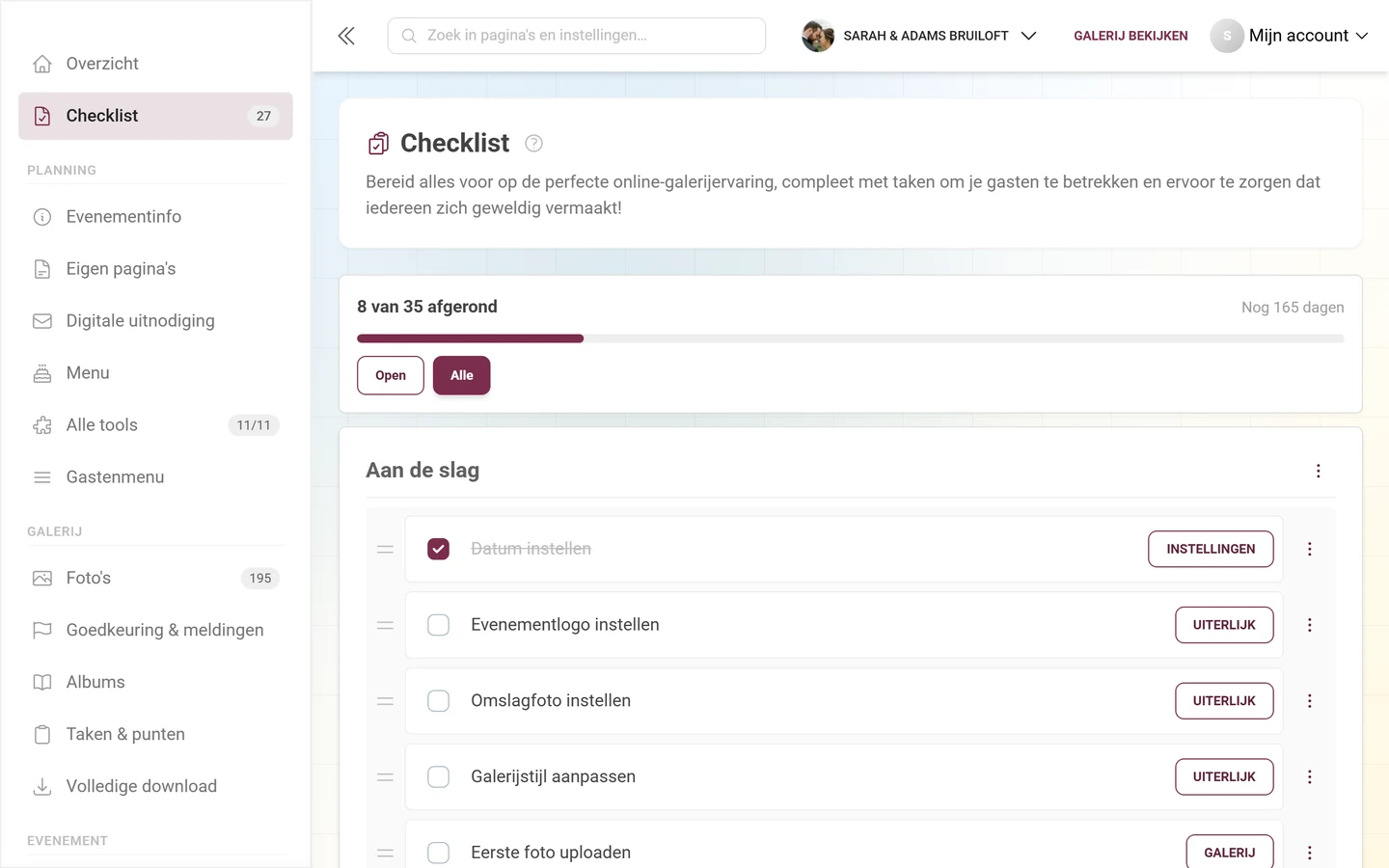 Setupchecklist met voortgangskop, categorieën en taken