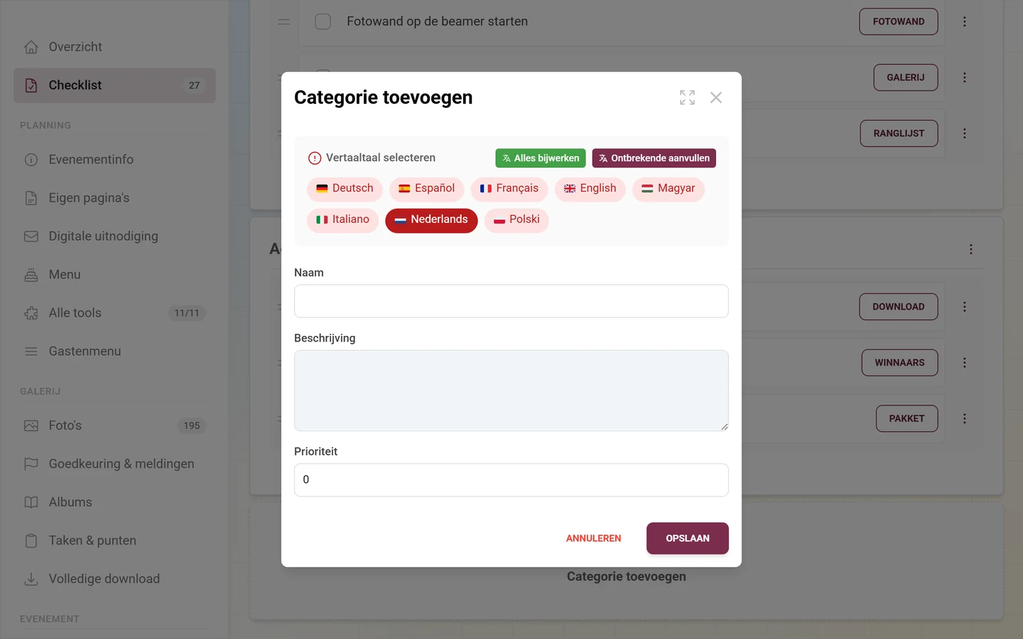 Dialoogvenster Categorie toevoegen met taalkeuze, naam, beschrijving en prioriteit