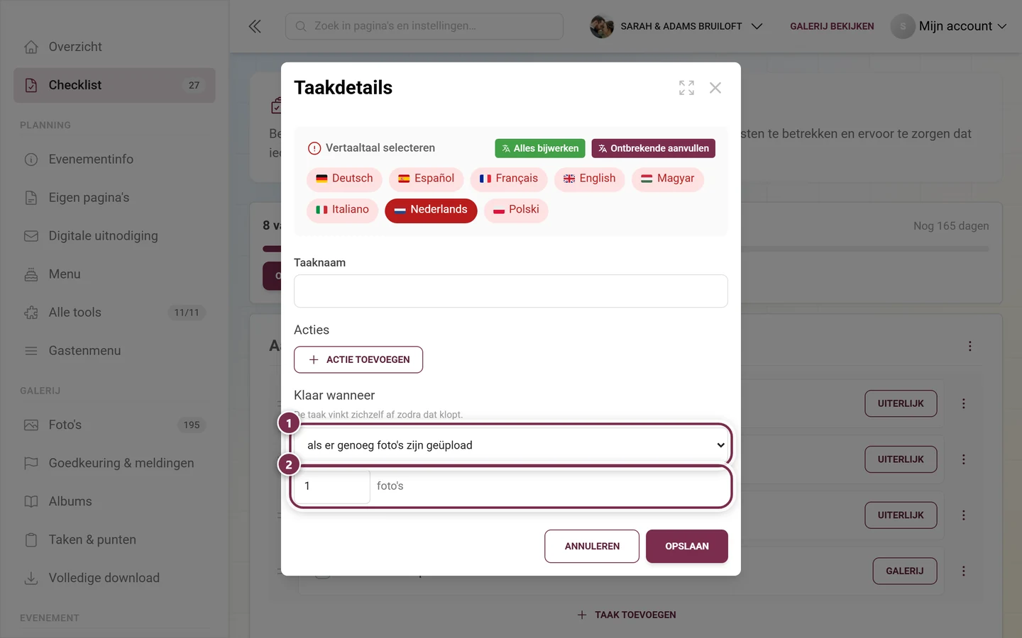 Dialoogvenster Taakdetails met de keuze Klaar wanneer en het ingeblendede getalveld