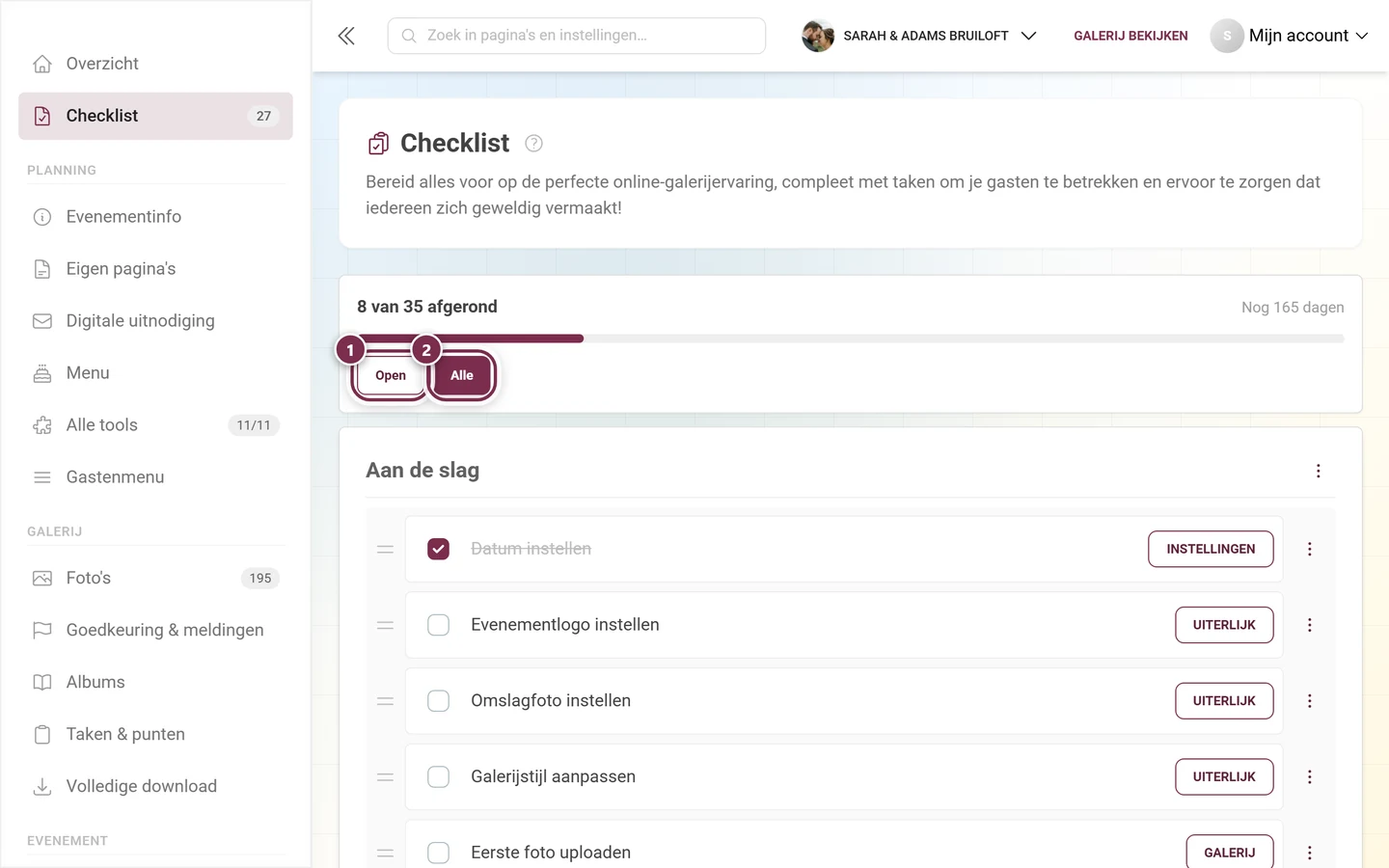 Kop van de volledige checklistweergave met de gemarkeerde filterknoppen Open en Alle