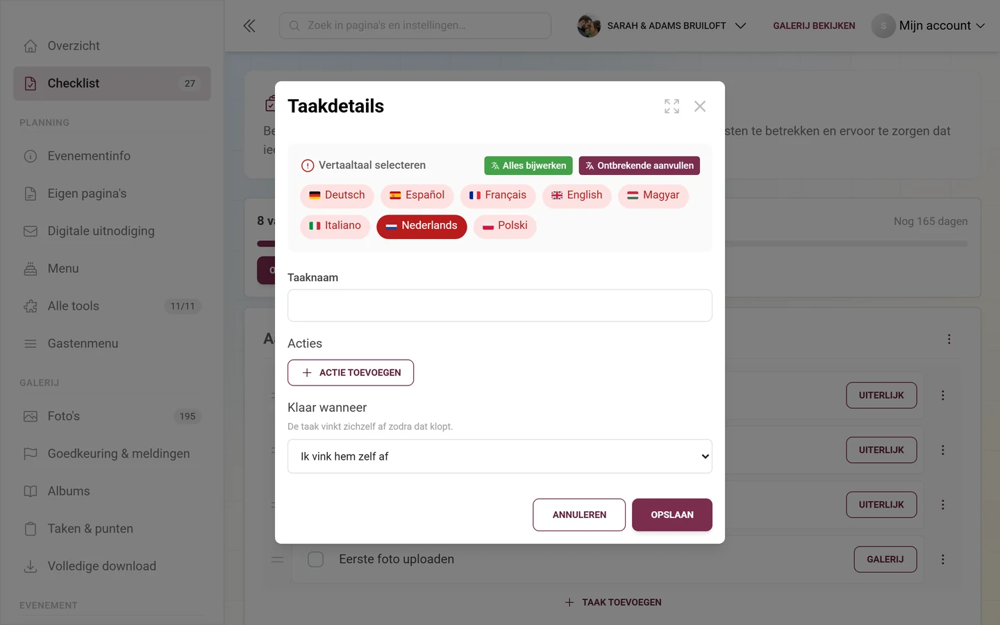 Dialoogvenster Taakdetails met taalkeuze, taaknaam, Actie toevoegen en de keuze Klaar wanneer