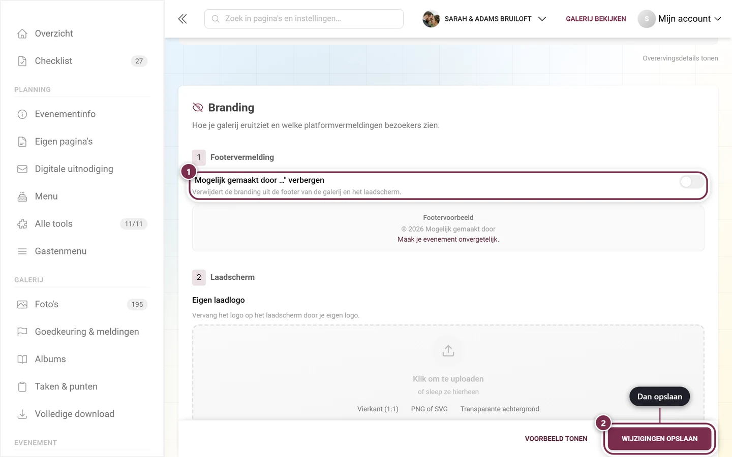 Sectie Footervermelding met gemarkeerde schakelaar en gemarkeerde opslaanbalk