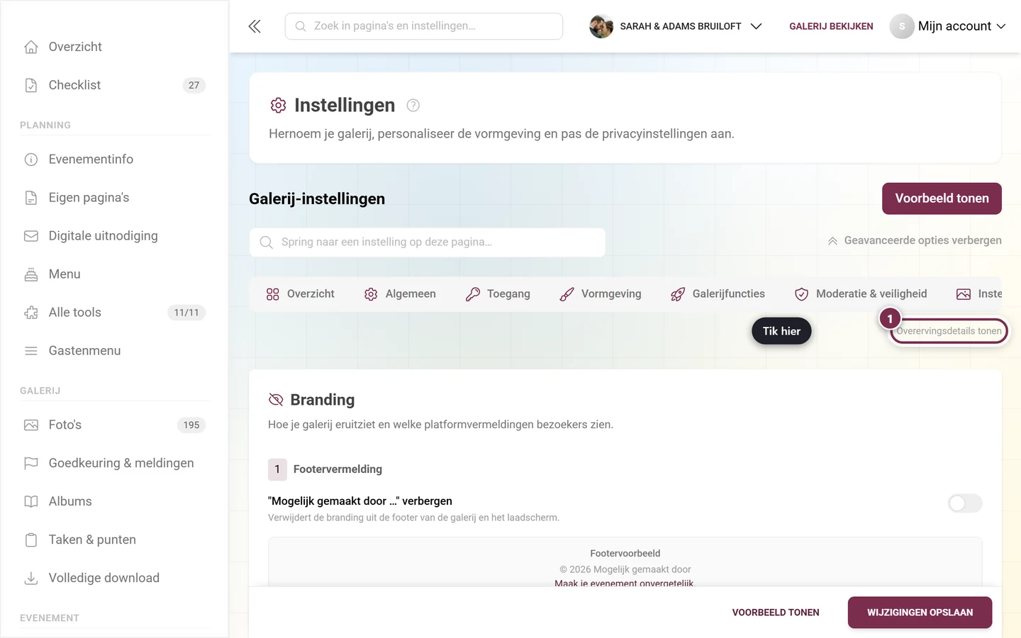 White-Label-tabblad met gemarkeerde schakelaar voor overervingsdetails