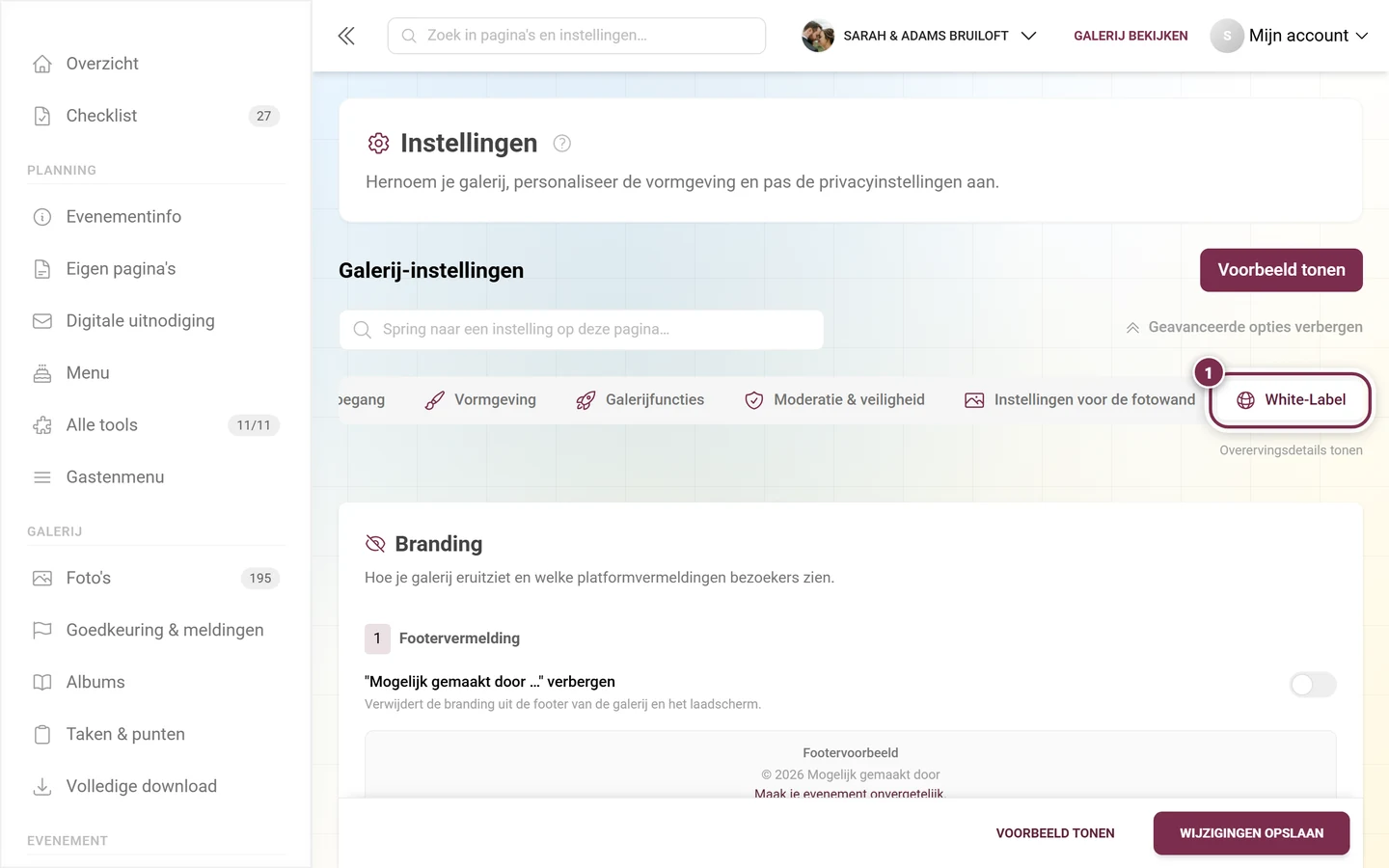 Tabbladbalk van de instellingen met het tabblad White-Label gemarkeerd