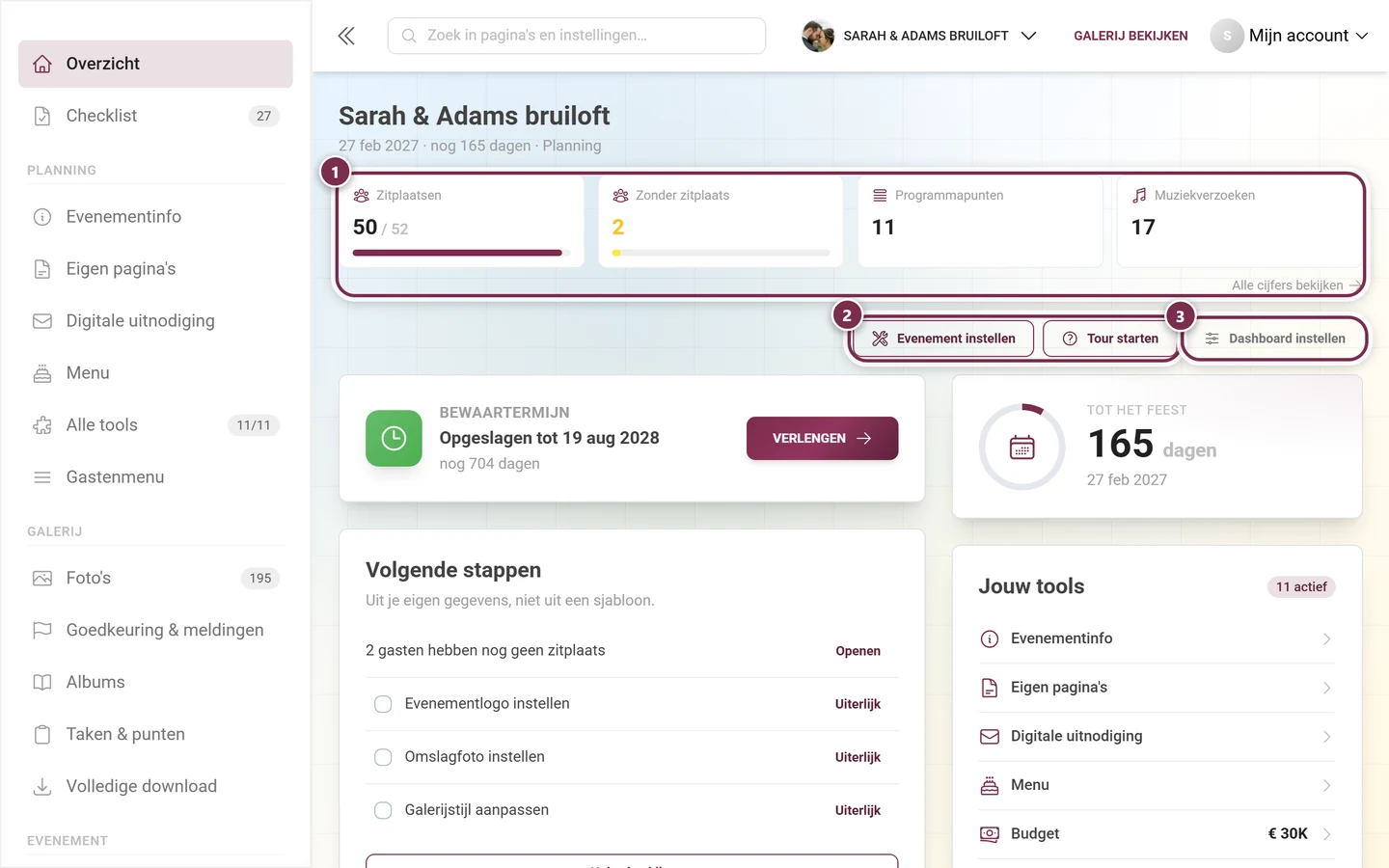 Admindashboard met de knoppen Evenement instellen, Tour starten en Dashboard instellen plus de kaart Volgende stappen