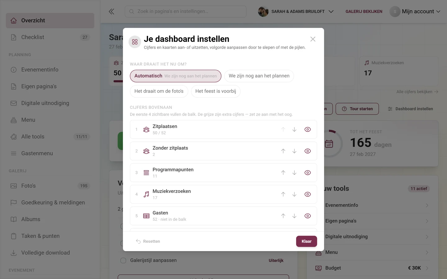 Het dialoogvenster „Dashboard instellen” met fase, kerncijfers en kaarten