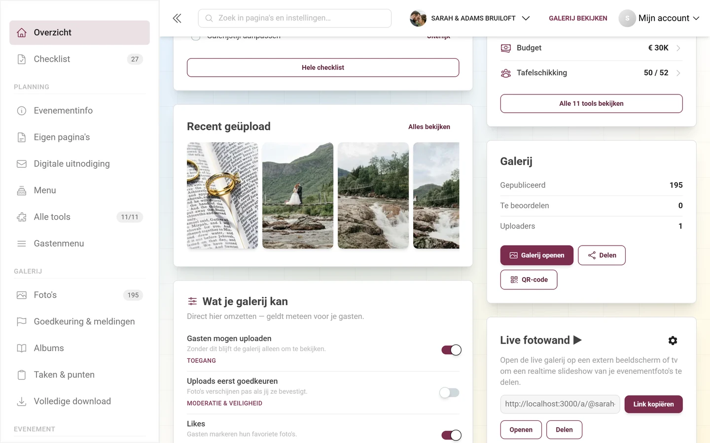 De kaart „Galerij” met cijfers en de knoppen Galerij openen, Delen, QR-code