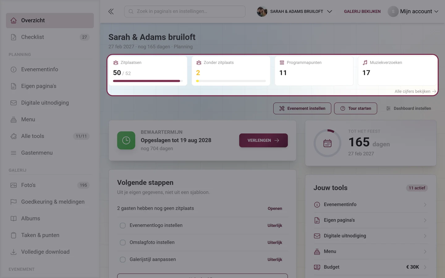 Cijferbalk met foto's, gasten en opslag in het gastheerdashboard
