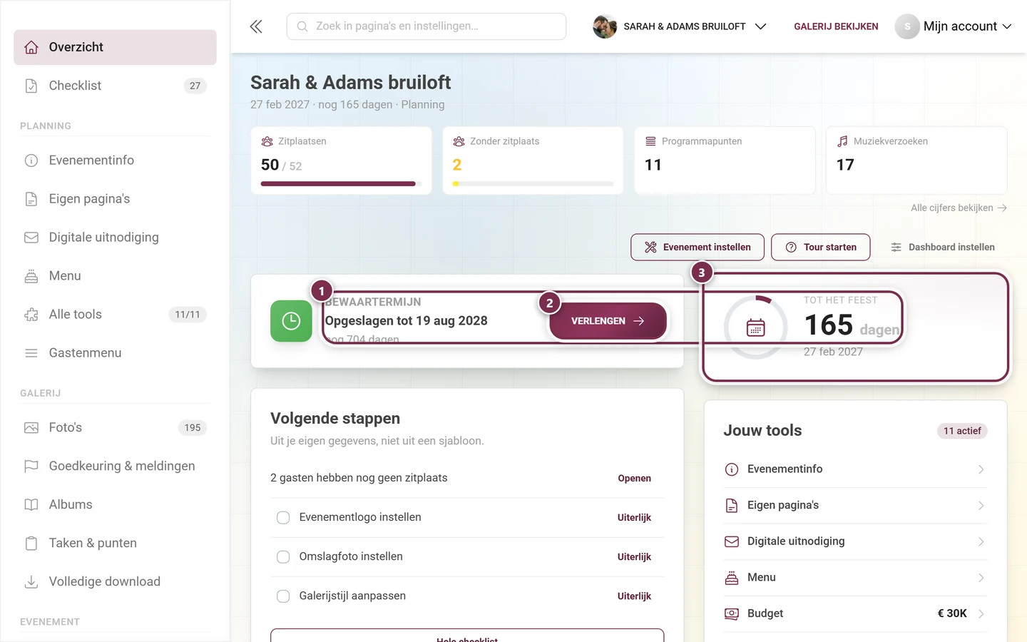 De kaarten Bewaartermijn en Countdown in het dashboard