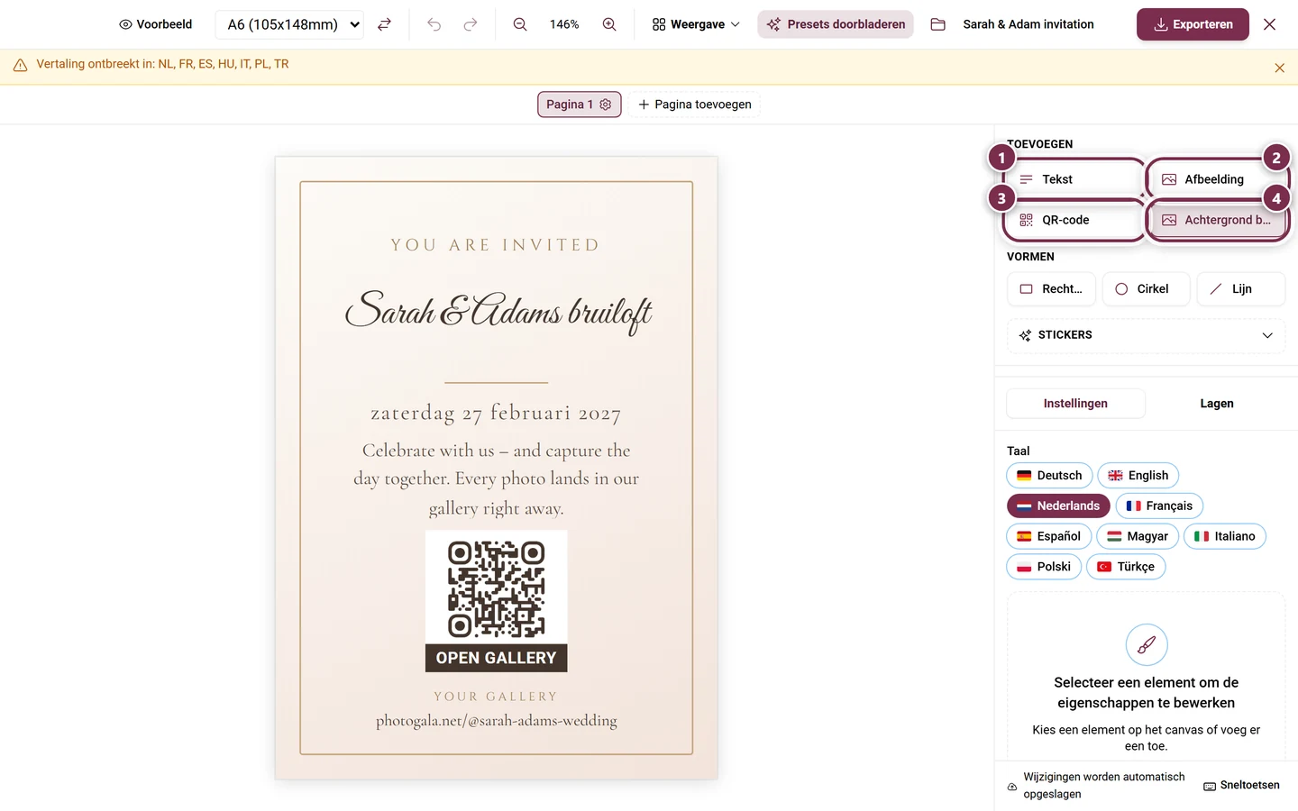 Onderdeel Toevoegen in de rechterzijbalk met gemarkeerde knoppen Tekst, Afbeelding, QR-code en Achtergrond
