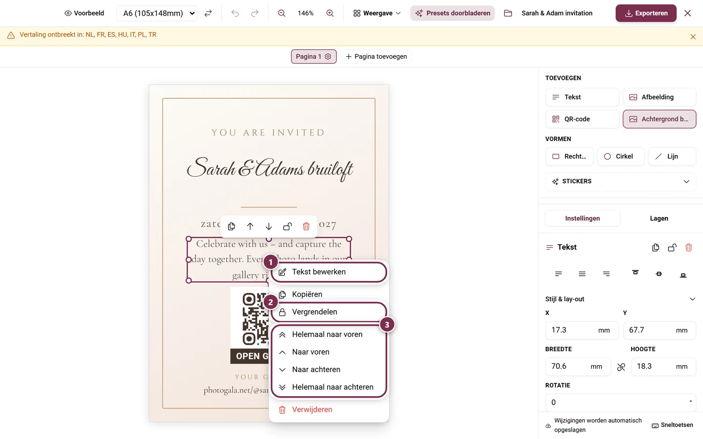 Contextmenu van een element met Tekst bewerken, Kopiëren, Vergrendelen en de volgorde-opdrachten