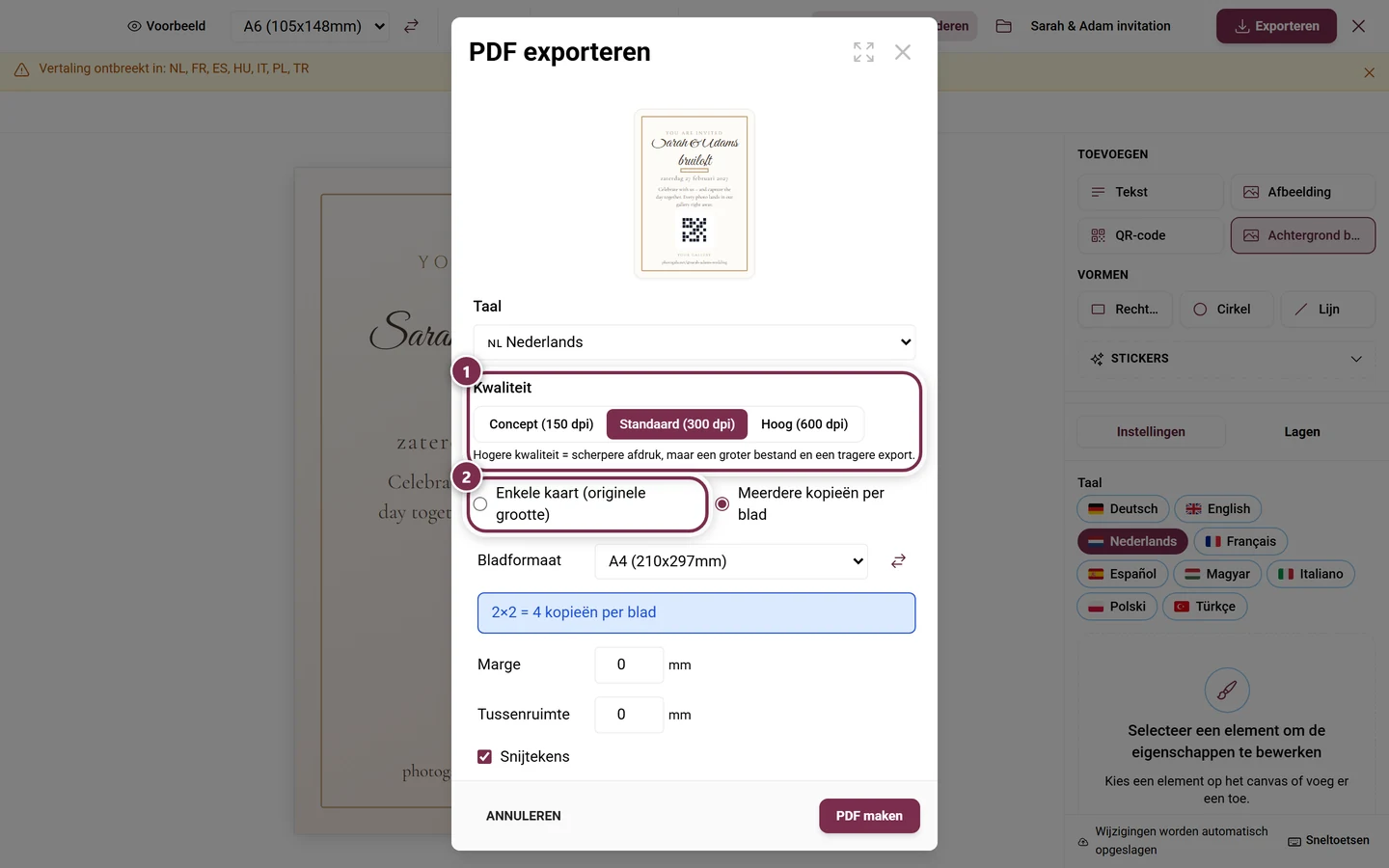 Exportdialoogvenster van Design Studio met gemarkeerde kwaliteitskeuze en gemarkeerde lay-outkeuze