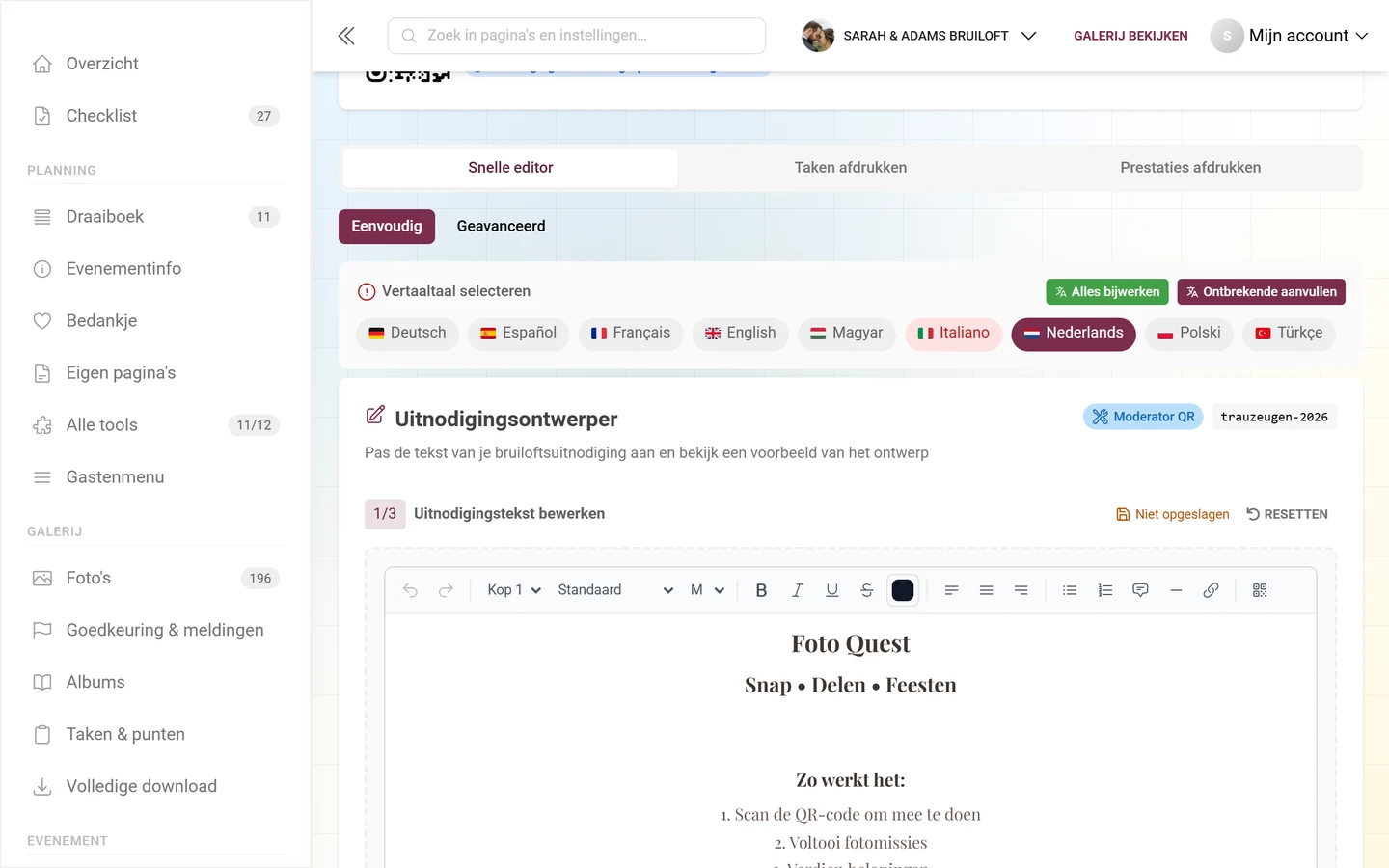 Snelle sjabloon-editor met werkbalk om tekst toe te voegen en de uitnodiging vorm te geven