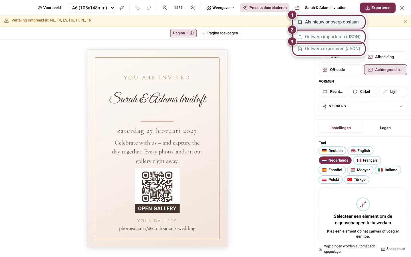 Geopend Bestand-menu met Als nieuw ontwerp opslaan, Ontwerp importeren en Ontwerp exporteren