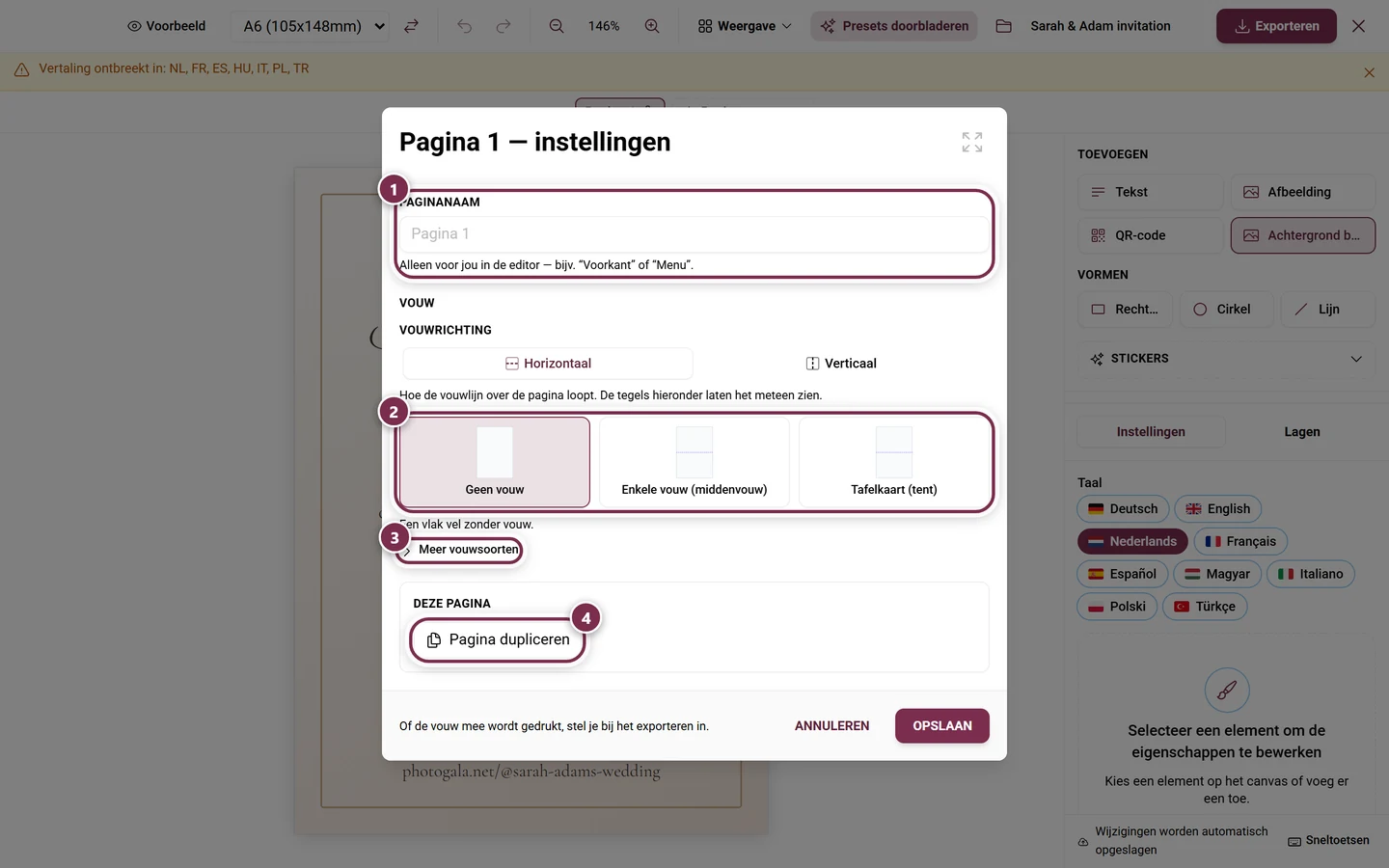 Dialoogvenster Pagina 1 - Instellingen met paginanaam en de drie vouwsoorten
