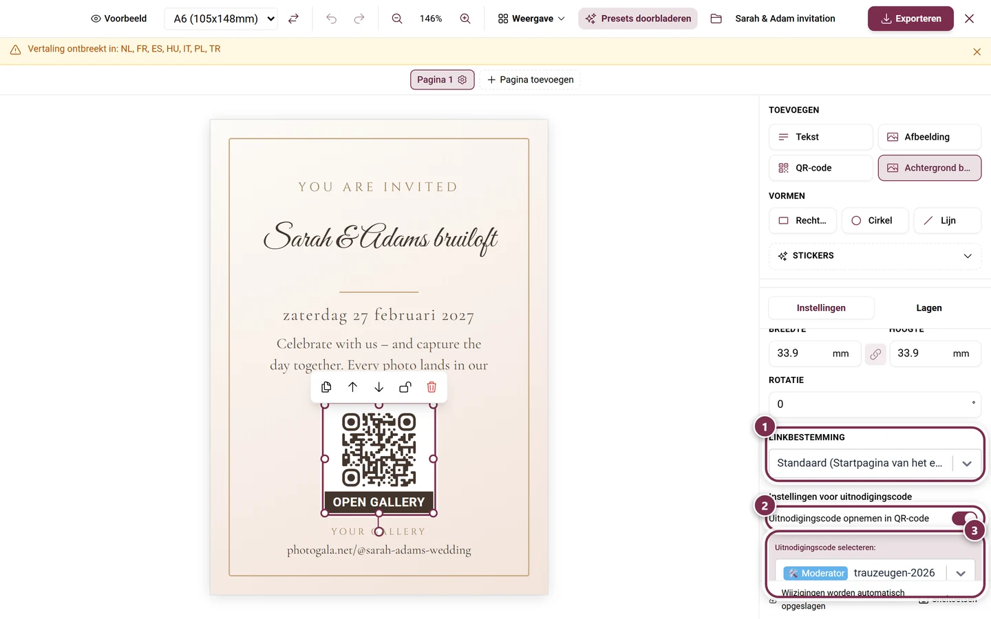 Geselecteerd QR-element met het keuzeveld Linkbestemming in het eigenschappenpaneel