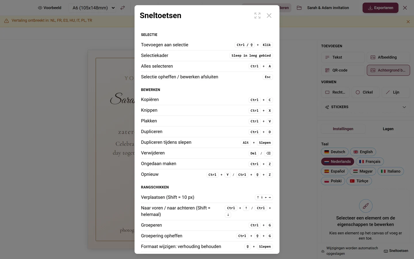 Dialoogvenster Sneltoetsen met de onderdelen Selectie, Bewerken, Rangschikken, Weergave en Transformeren