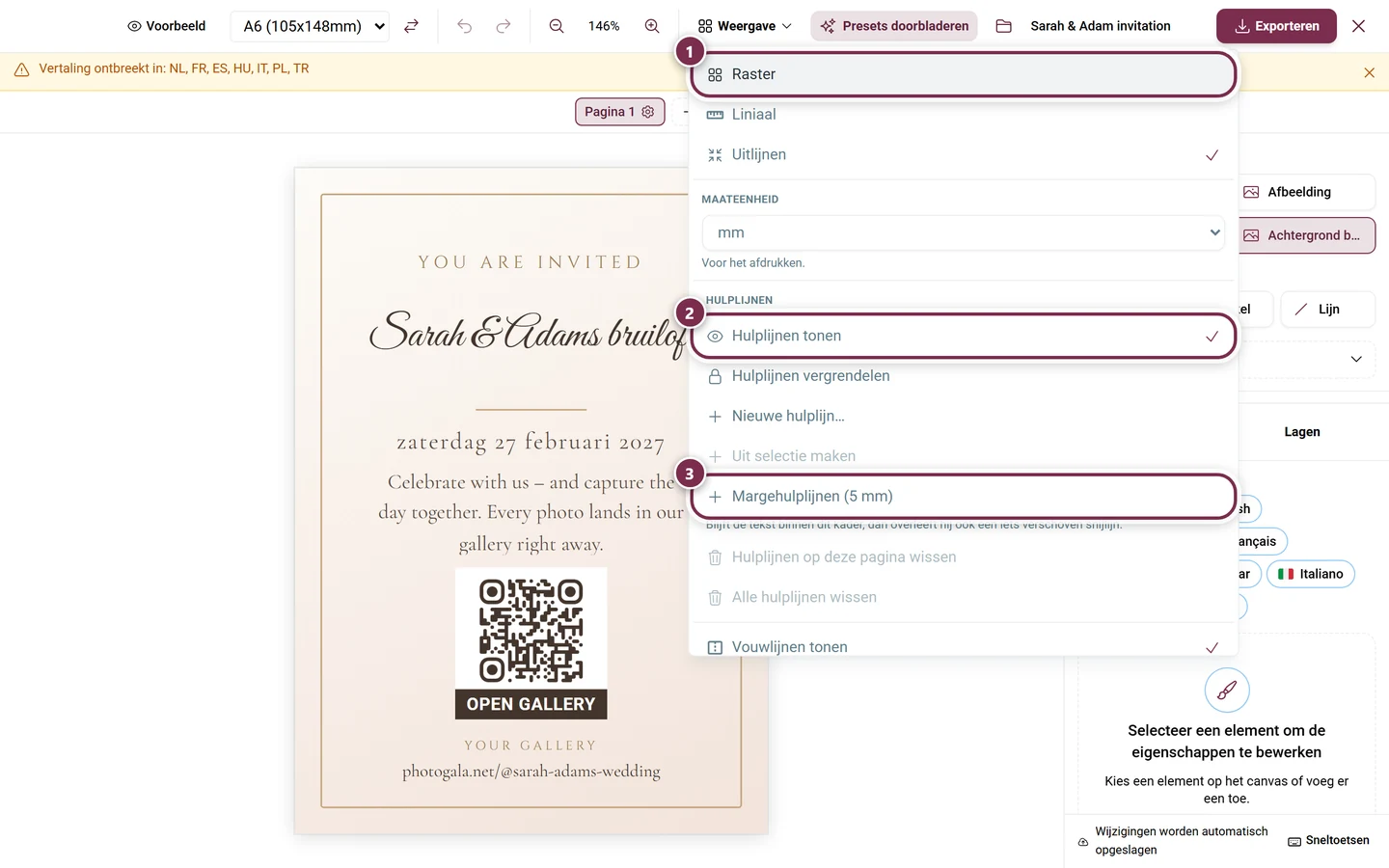 Geopend menu Weergave met Raster, Liniaal, Uitlijnen, maateenheid en alle hulplijn-opties