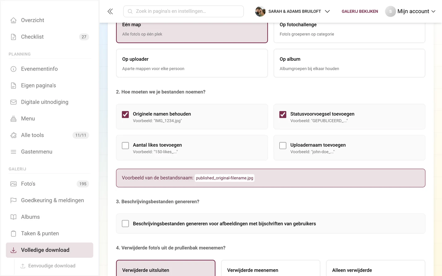 Stap 2 van de geavanceerde download met de vier naamgevingsvakjes en het voorbeeld