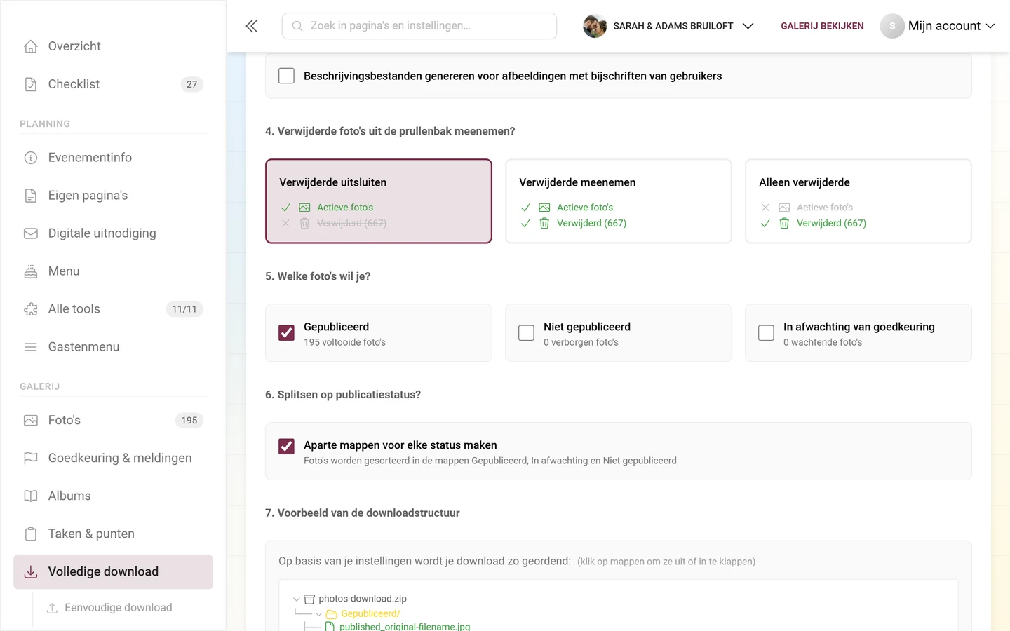 Stappen 4 tot en met 6 van de geavanceerde download met de prullenbakkaarten en de drie statusvakjes