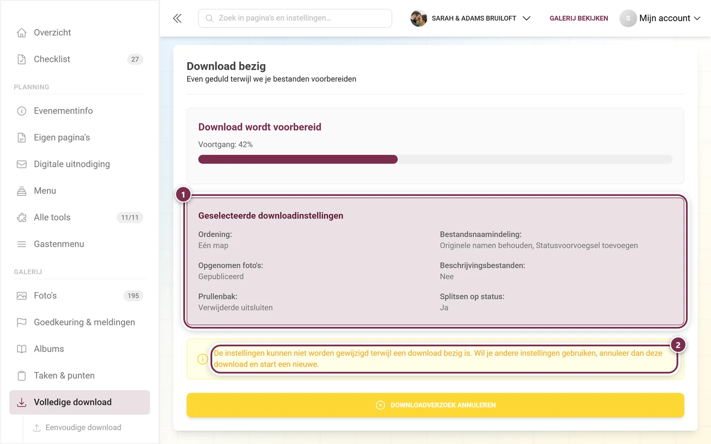 Samenvatting van de gekozen downloadinstellingen en de gele vergrendelmelding, beide gemarkeerd