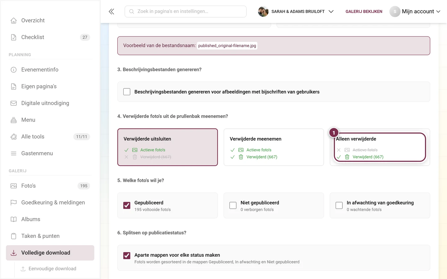 Keuzekaart Alleen verwijderde in de vierde stap van de uitgebreide download, gemarkeerd