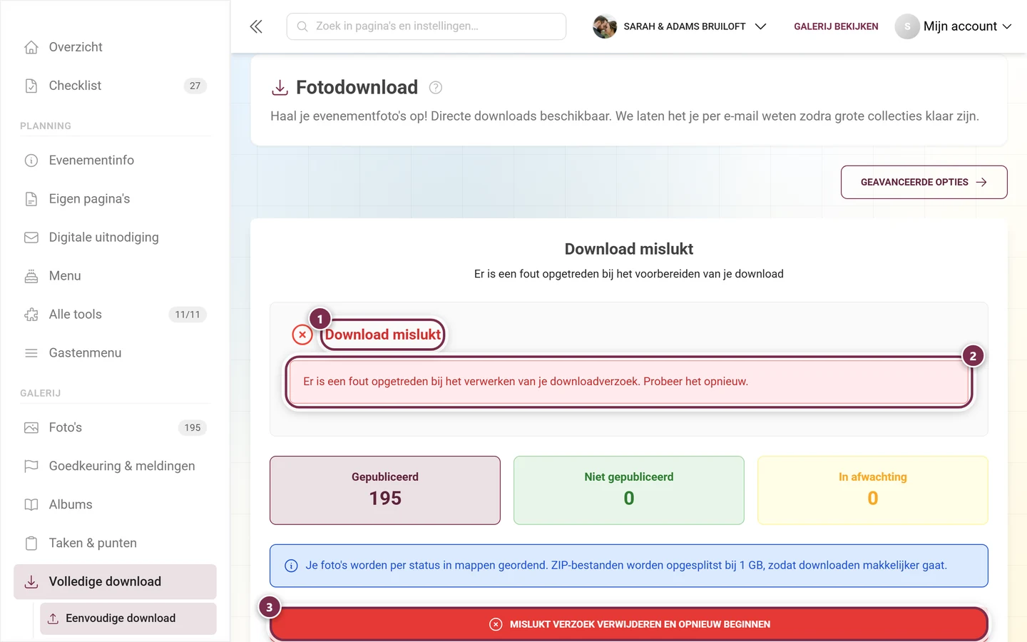 Foutscherm met de kop Download mislukt, foutmelding en de rode herstartknop, alle gemarkeerd