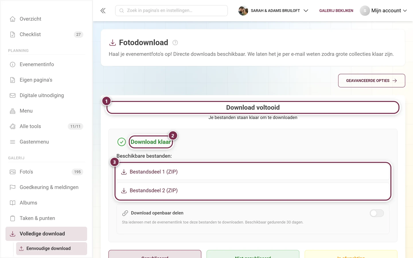Resultaatscherm met de kop Download voltooid, de groene melding Download klaar en twee ZIP-delen, alle gemarkeerd
