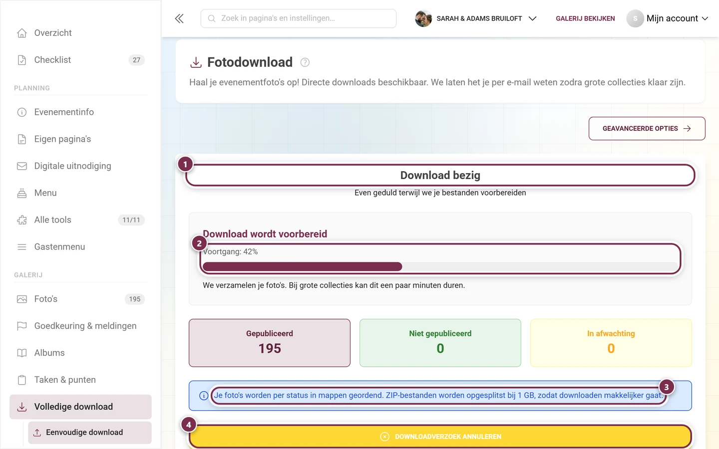 Voortgangsscherm van de download met balk, infolijn en annuleerknop, alle gemarkeerd