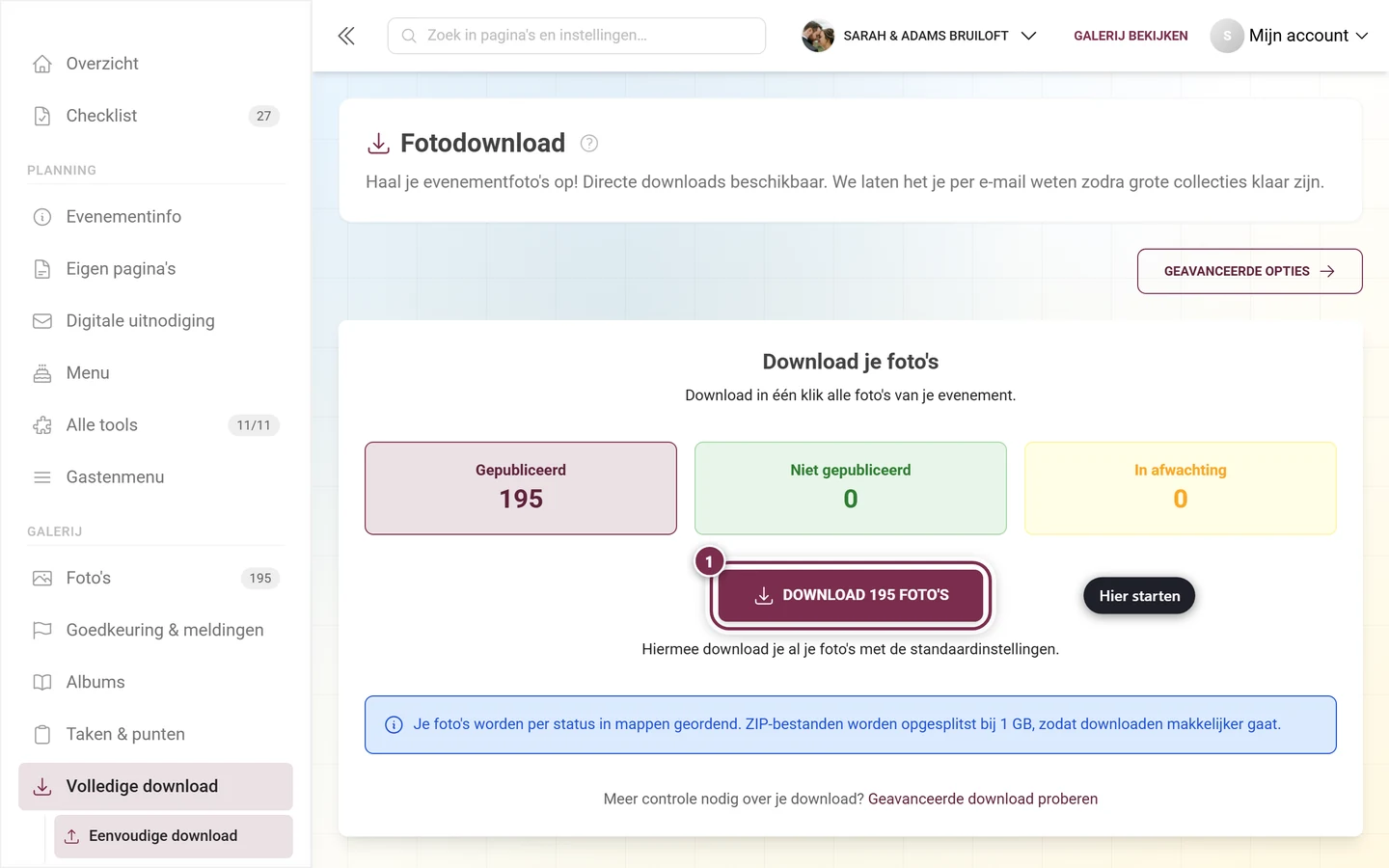De downloadknop met het aantal foto's, gemarkeerd