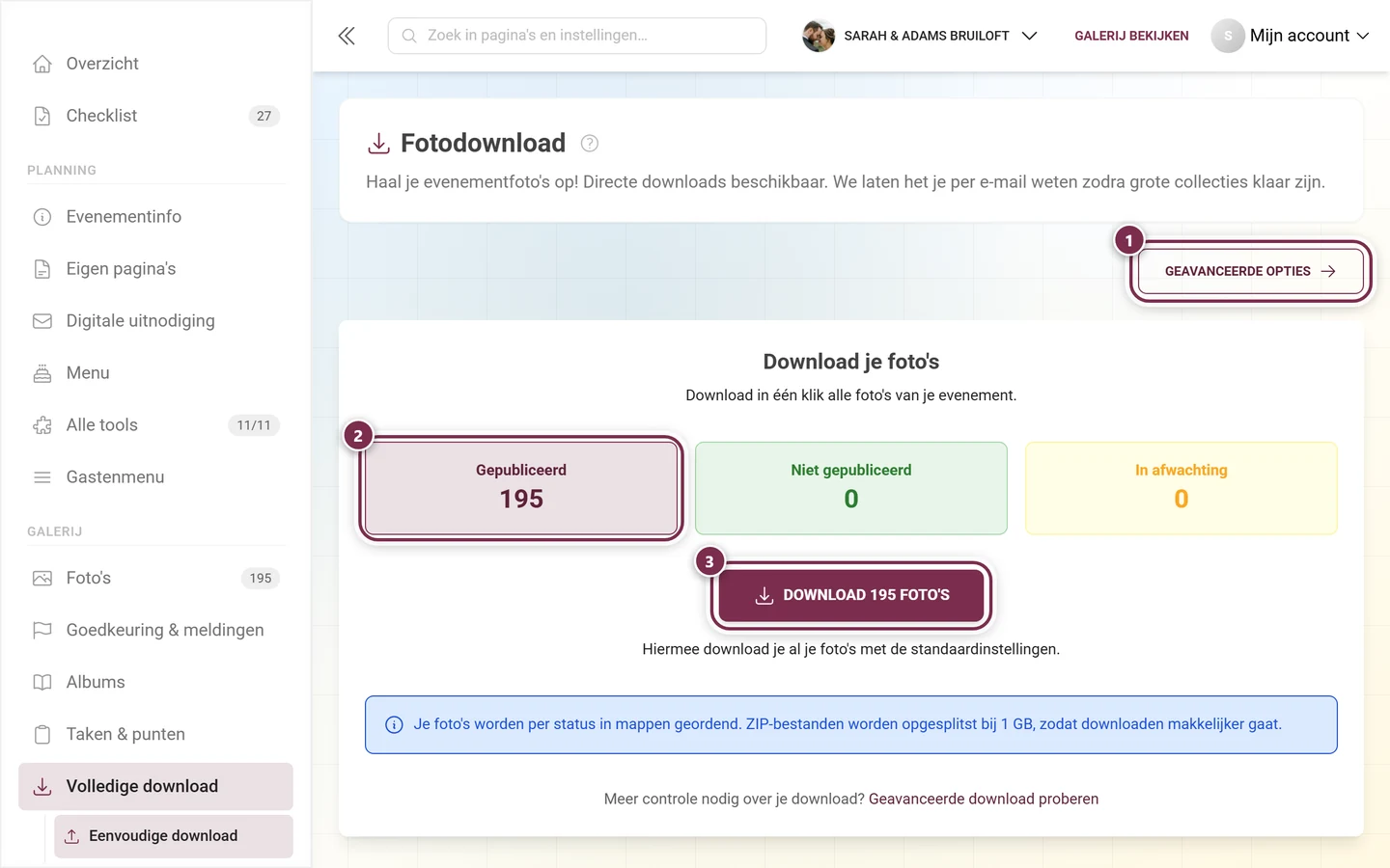 Downloadpagina in het beheerpaneel, met de knop Geavanceerde opties, de tegel Gepubliceerd en de downloadknop gemarkeerd