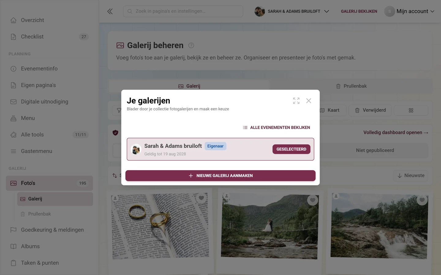 Dialoogvenster Je galerijen met een galerij, rolbadge Eigenaar en de knop Nieuwe galerij aanmaken