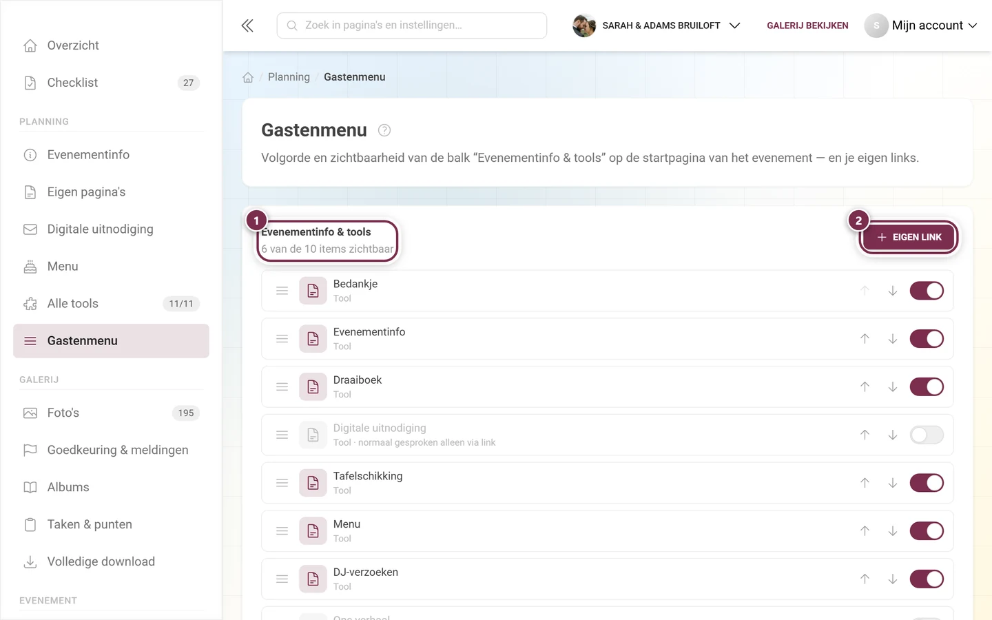Editor voor het gastenmenu met titel, teller, de knop Eigen link en de sorteerbare lijst