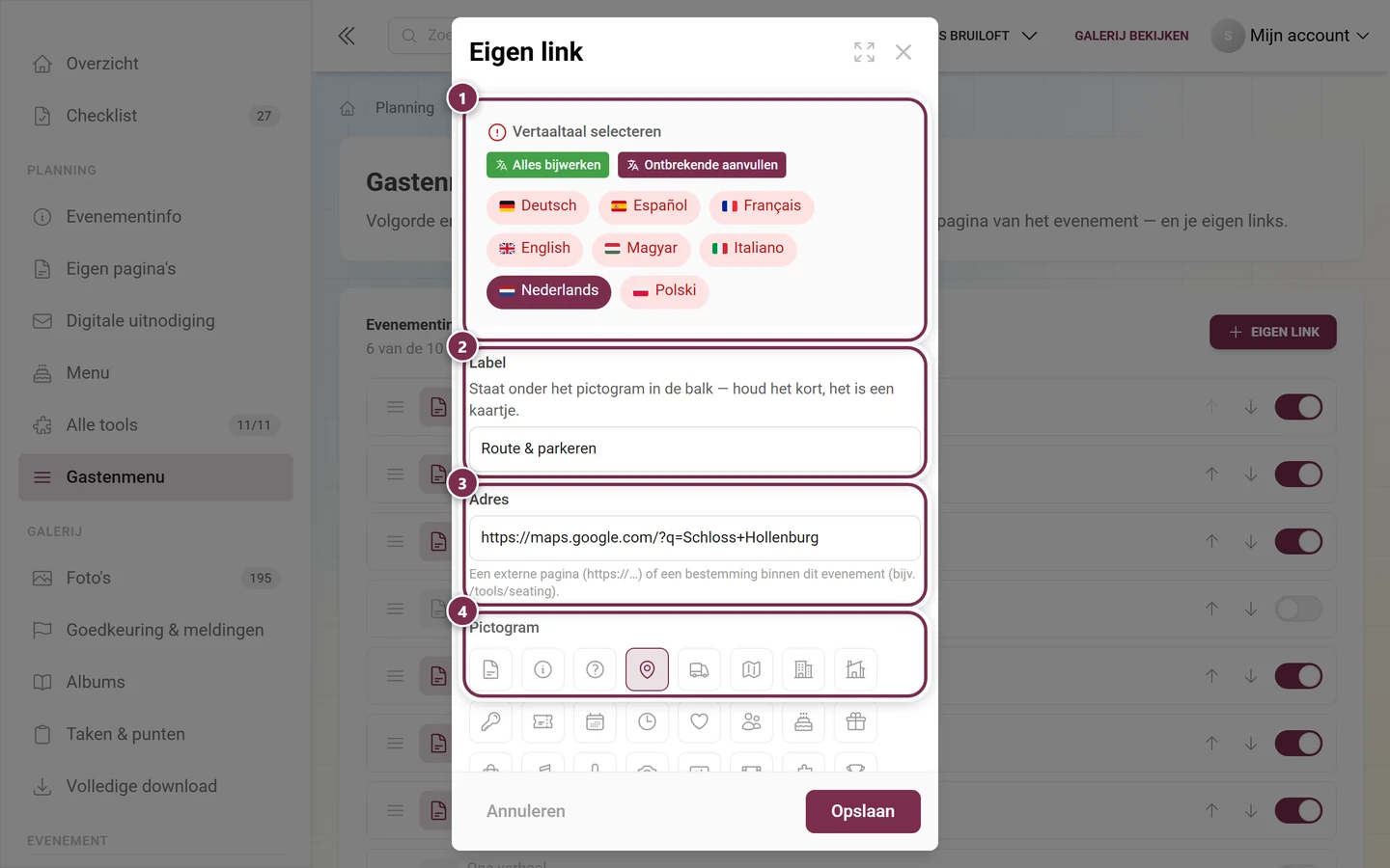 Dialoogvenster Eigen link met vertaaltaal, label, adres en symboolkeuze