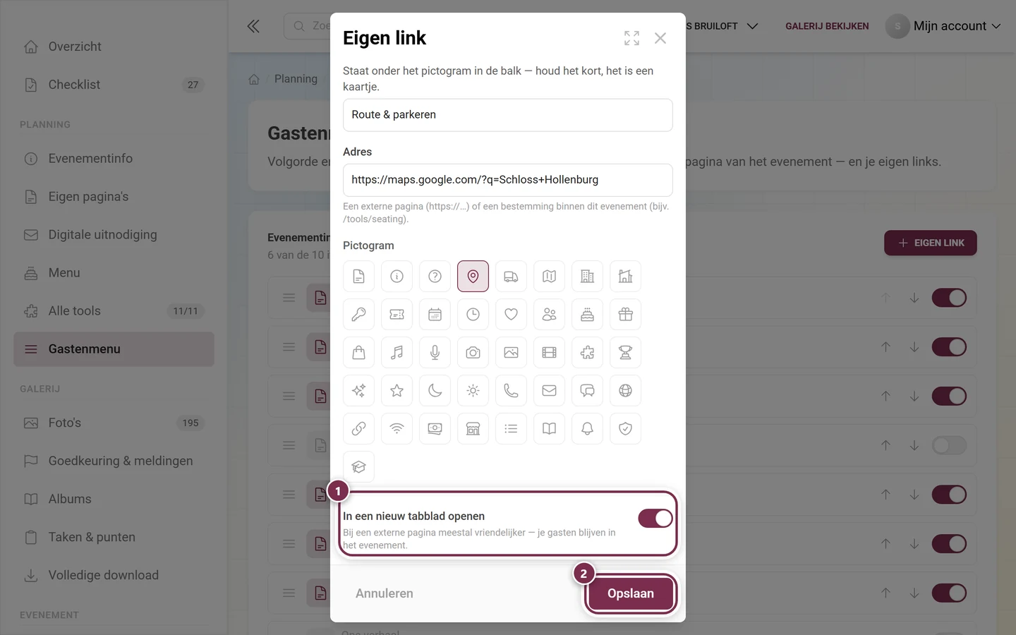 Onderste deel van het dialoogvenster met het volledige symboolraster, de schakelaar In een nieuw tabblad openen en de opslaan-knop