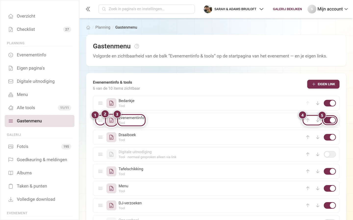 Eén regel van het gastenmenu met handvat, symbool, label, pijlen en schakelaar