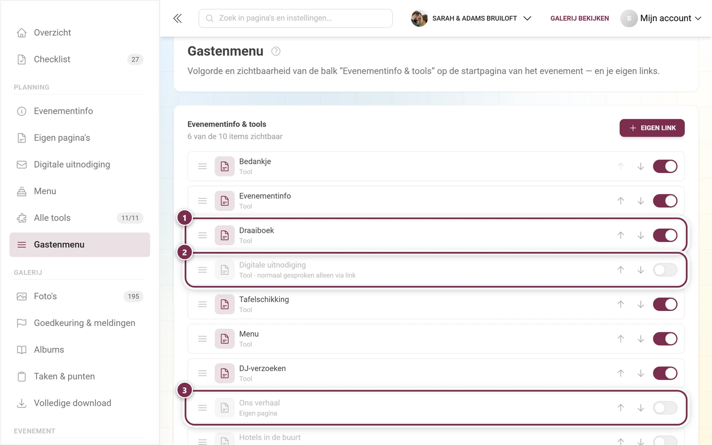 Drie regels van het gastenmenu met de soorten Tool, Tool alleen via link en Eigen pagina