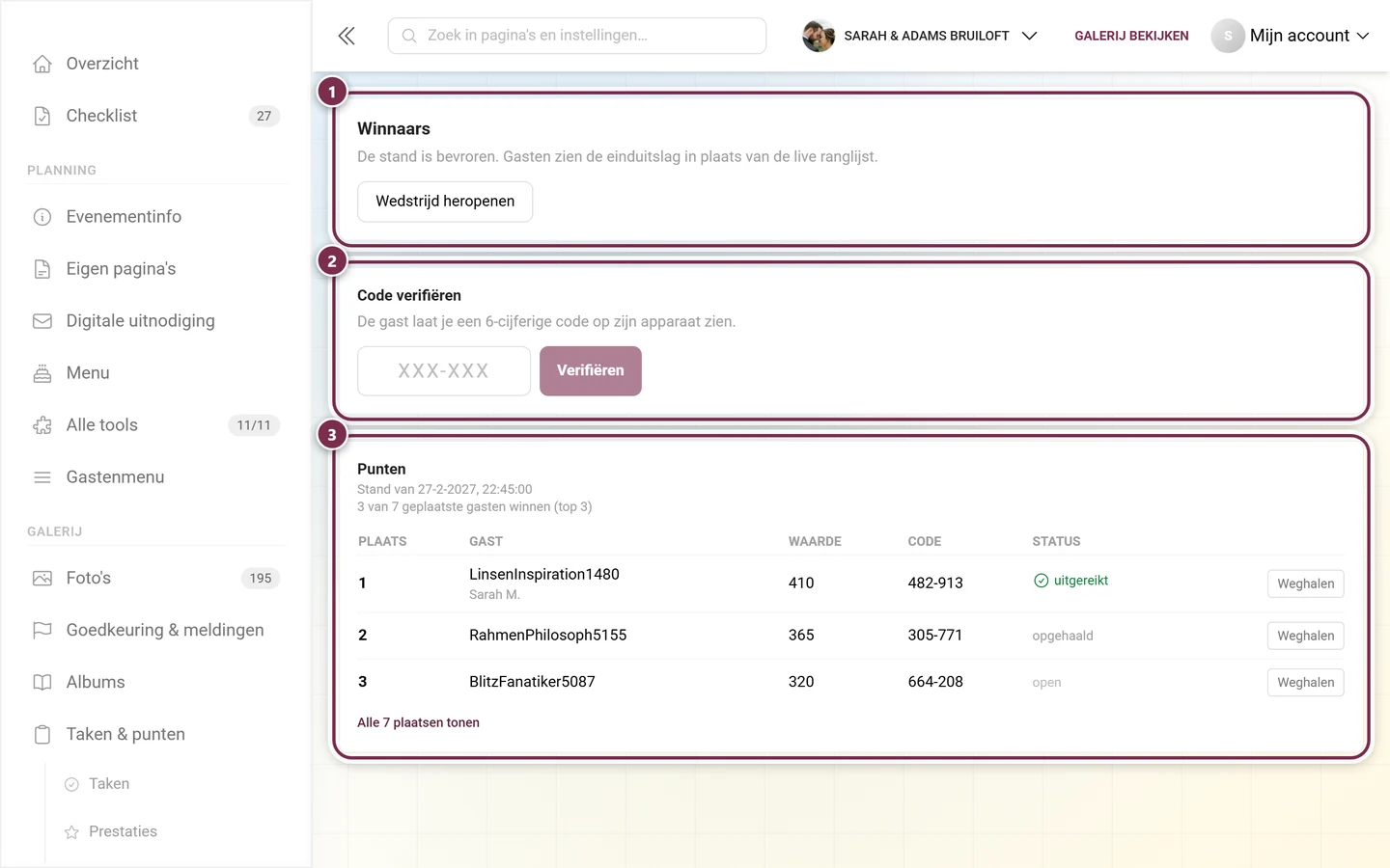 Winnaarspagina met het blok Winnaars, het veld Code verifiëren en de scoretabel Punten